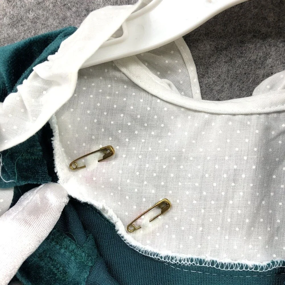 Vintage Girls 24M Velvet Dress Long‎ Sleeve Ruffle Collared Jewel Green Holiday